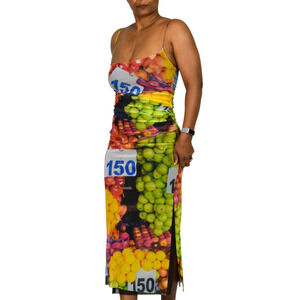 Zara Fruit Print Mesh Midi Dress Black Multicolor Ruched Fruitcore Column Medium